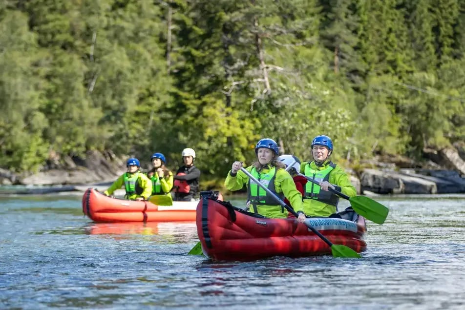 Canoeing through rocky rapids