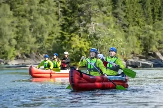 Group canoeing calm river